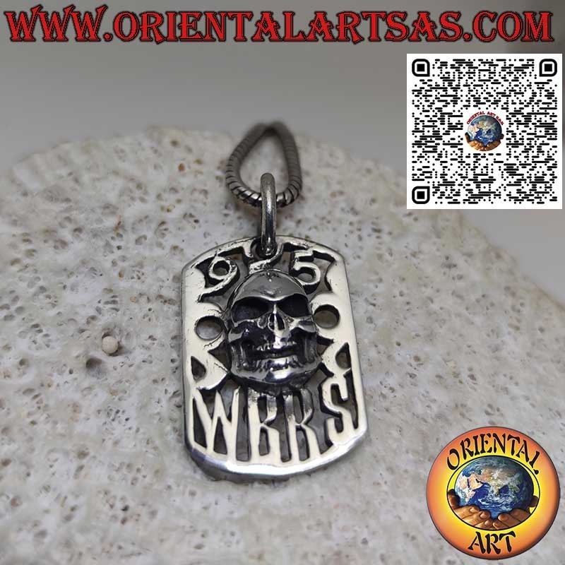 Pendentif tête de mort en argent massif sur plaque ajourée 925 W B R S