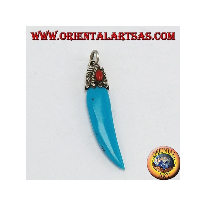 Turquoise pear horn pendant with silver and coral frame