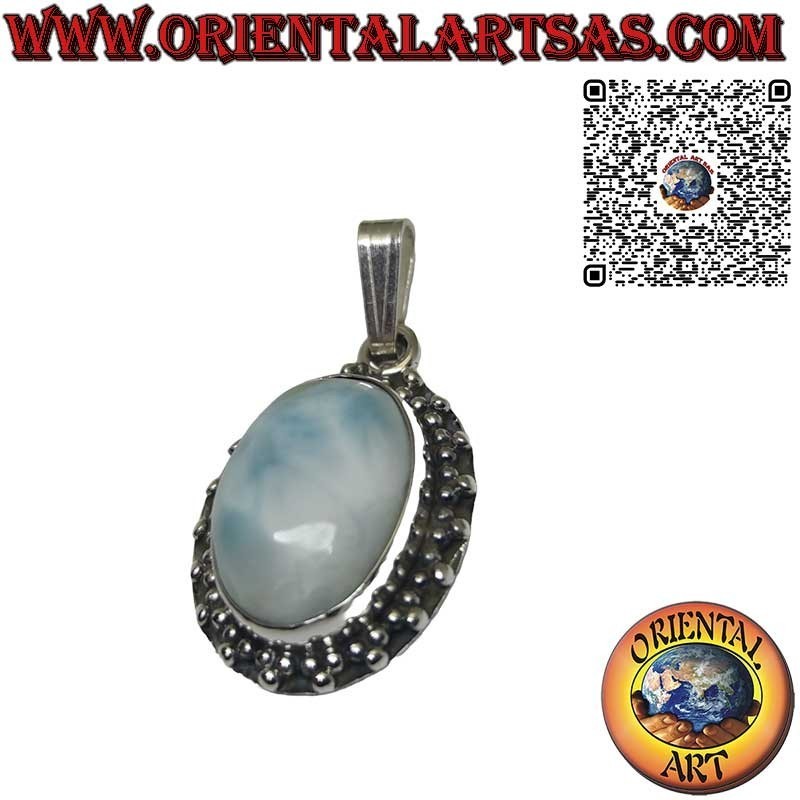 Silver pendant with oval natural larimar cabochon and trio of spheres