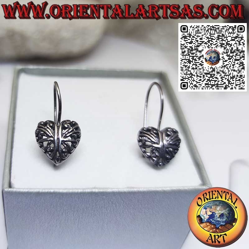 Boucles d'oreilles leviers en argent, coeur arrondi ajouré de style baroque