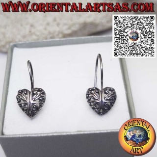 Boucles d'oreilles leviers en argent, coeur arrondi ajouré de style baroque