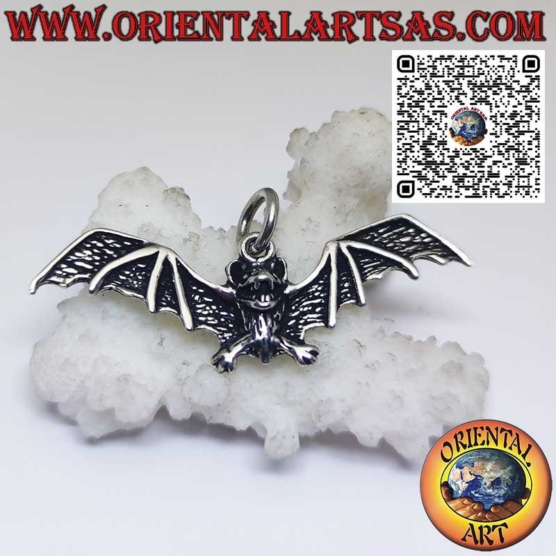 silver pendant, bat with open wings