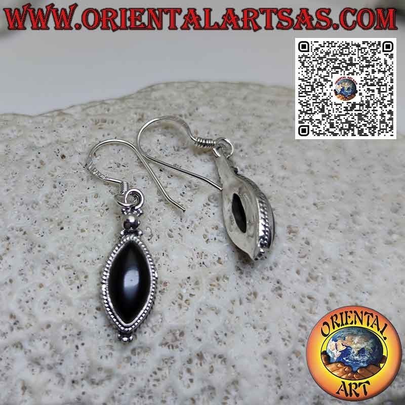 Silver earrings with onyx shuttle surrounded by braid and spheres