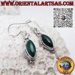 Silver earrings with malachite shuttle and braided edge