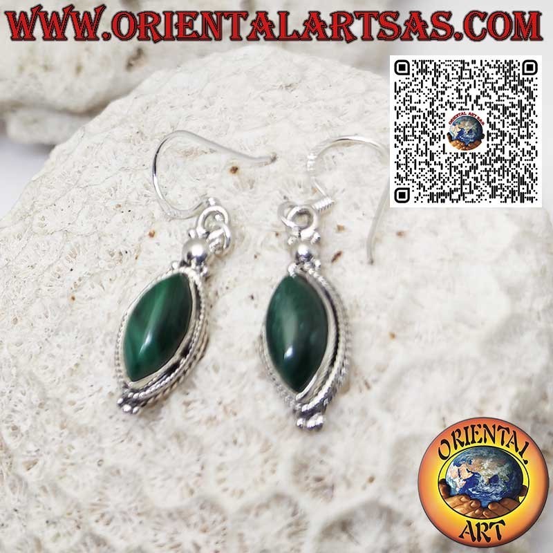 Silver earrings with malachite shuttle and braided edge
