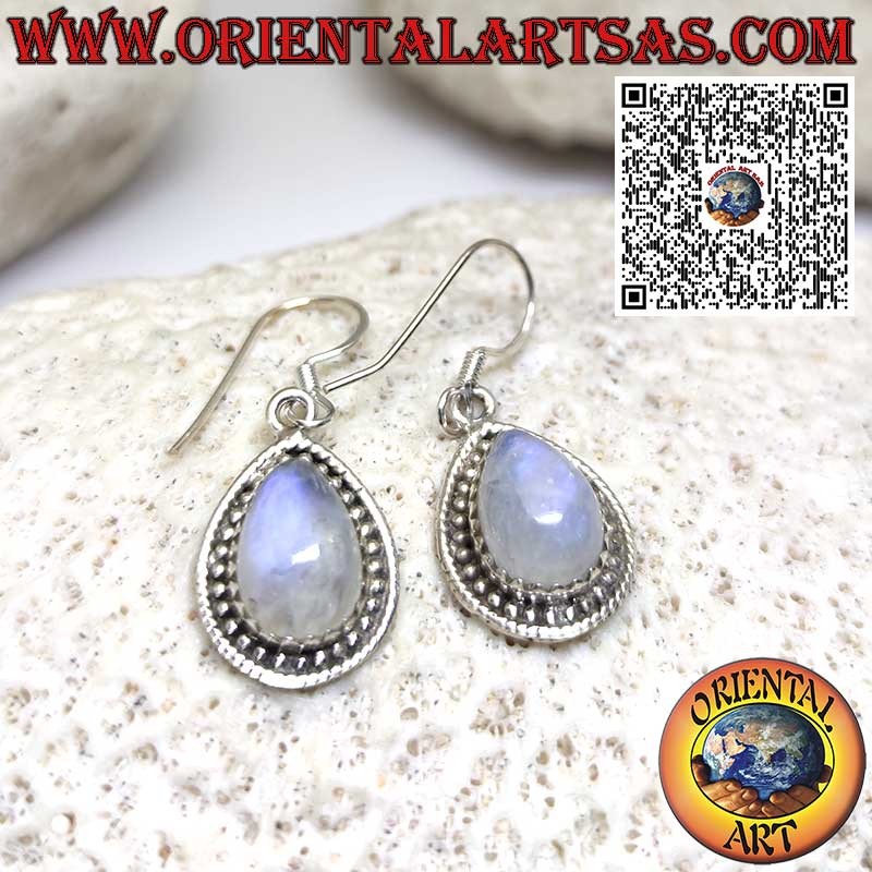 Silver earrings with drop moonstone surrounded by balls