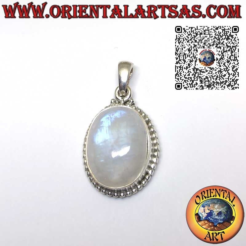 Ciondolo in argento con pietra di luna arcobaleno ovale con sfere