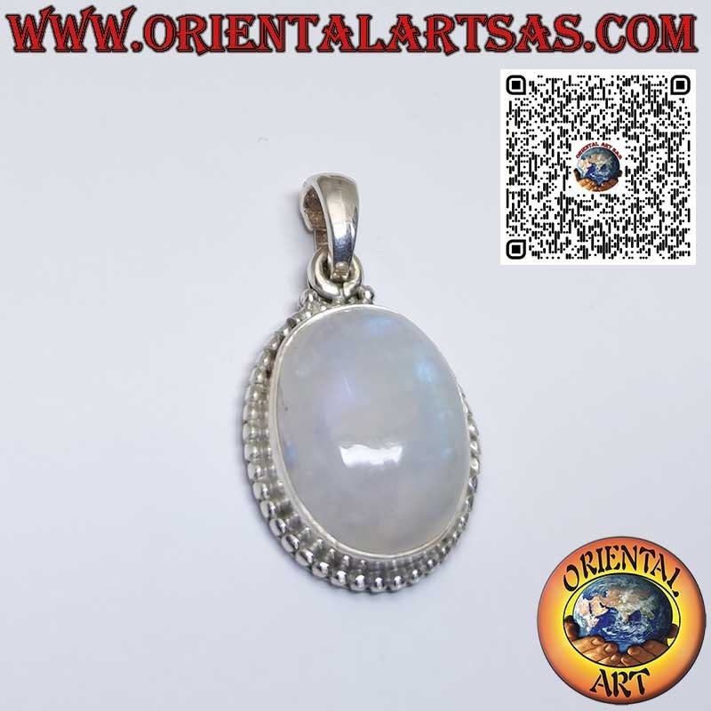 Silver pendant with oval rainbow moonstone with spheres