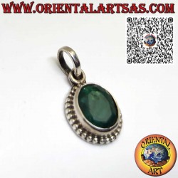 Silver pendant with oval natural emerald surrounded by dots