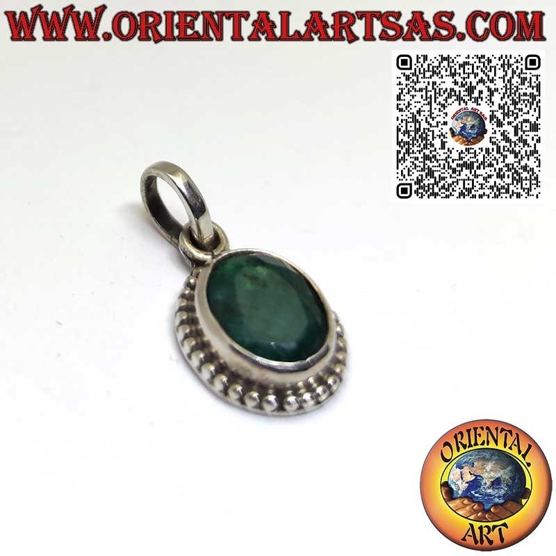 Silver pendant with oval natural emerald surrounded by dots