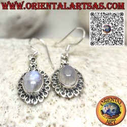 Silver earrings with oval moonstone surrounded by circles