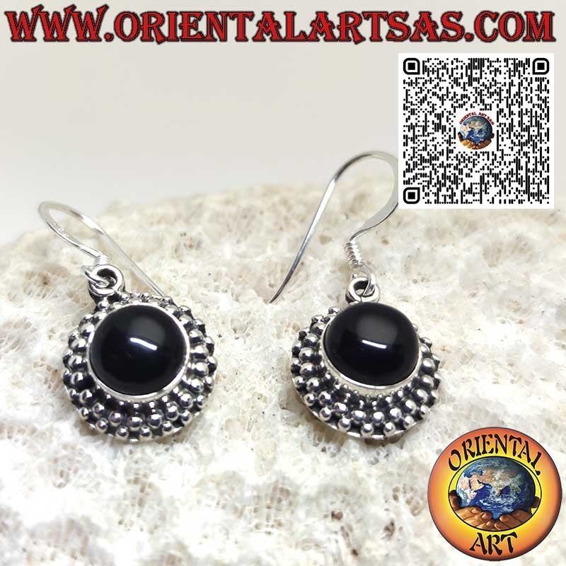 Silver earrings with round onyx surrounded by two rows of spheres