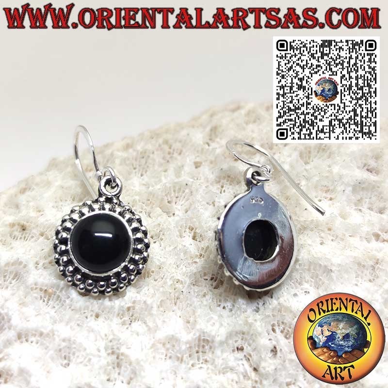 Silver earrings with round onyx surrounded by two rows of spheres