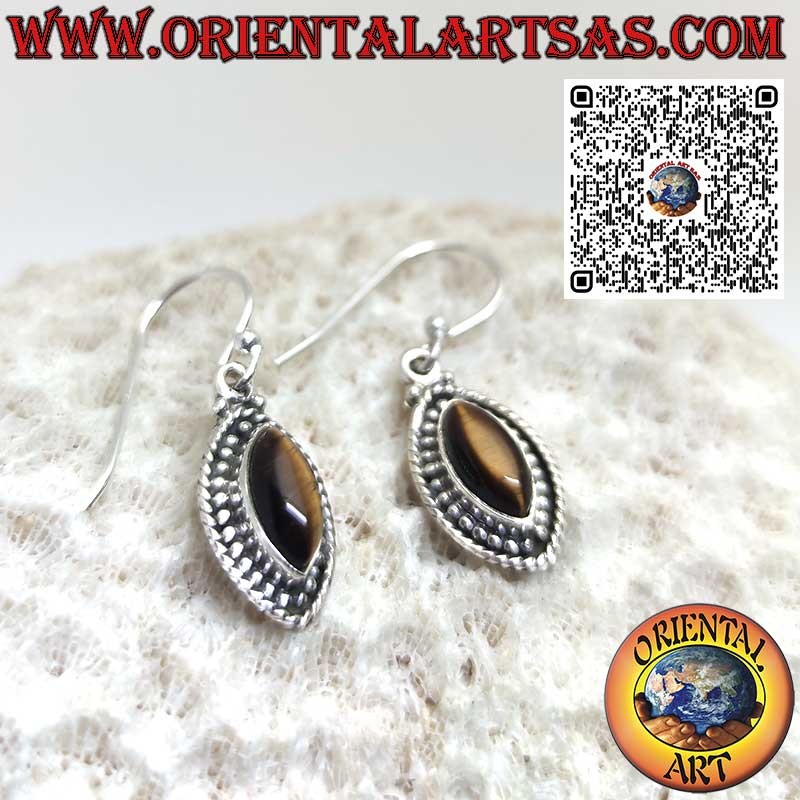 Boucles d'oreilles navette en argent avec oeil de tigre entouré de sphères