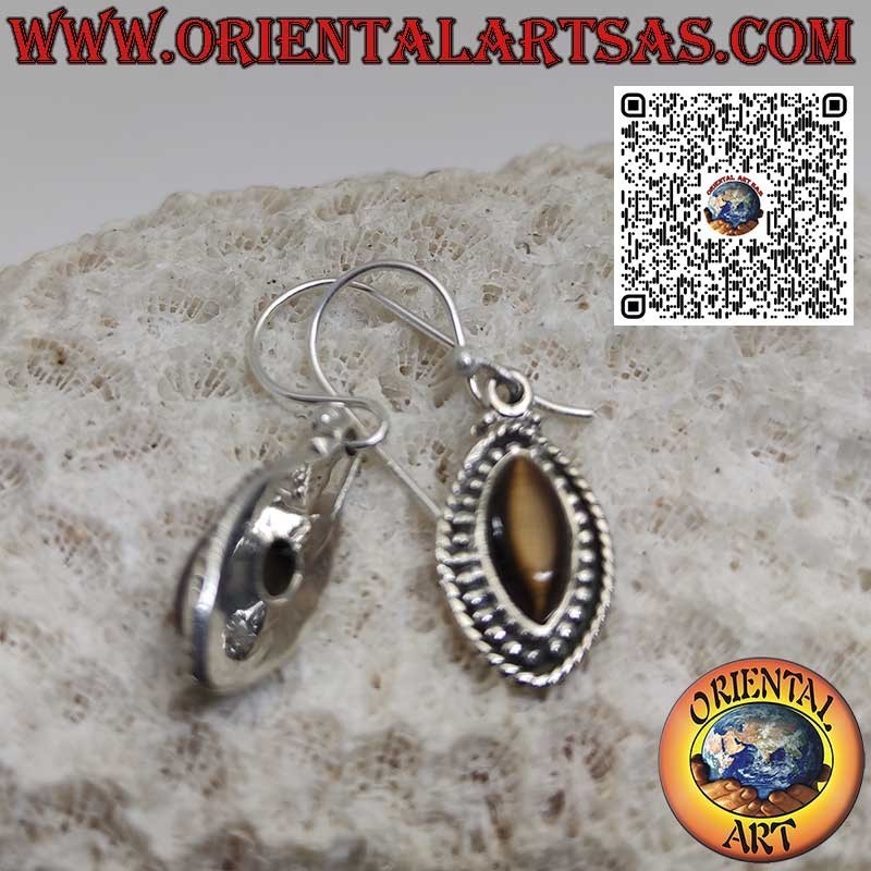 Silver shuttle earrings with tiger eye surrounded by spheres