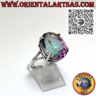 Bague en argent avec quartz aura ovale à facettes serti de clips