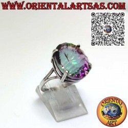 Silver ring with oval faceted aura quartz set with clips