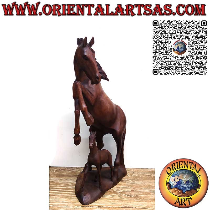 Sculpture of a prancing horse with foal in suar wood 50cm