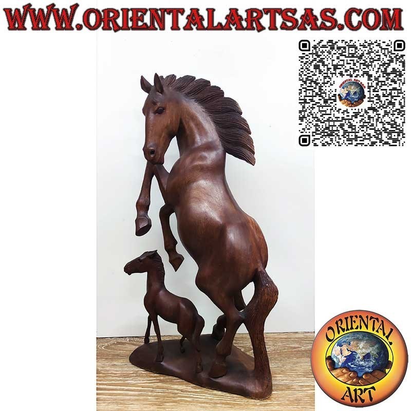 Sculpture of a prancing horse with foal in suar wood 50cm