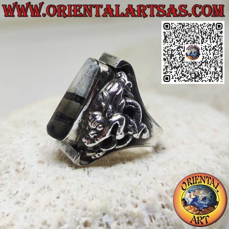Anillo Dzi tibetano antiguo de plata de 900 con dragón grabado en los laterales