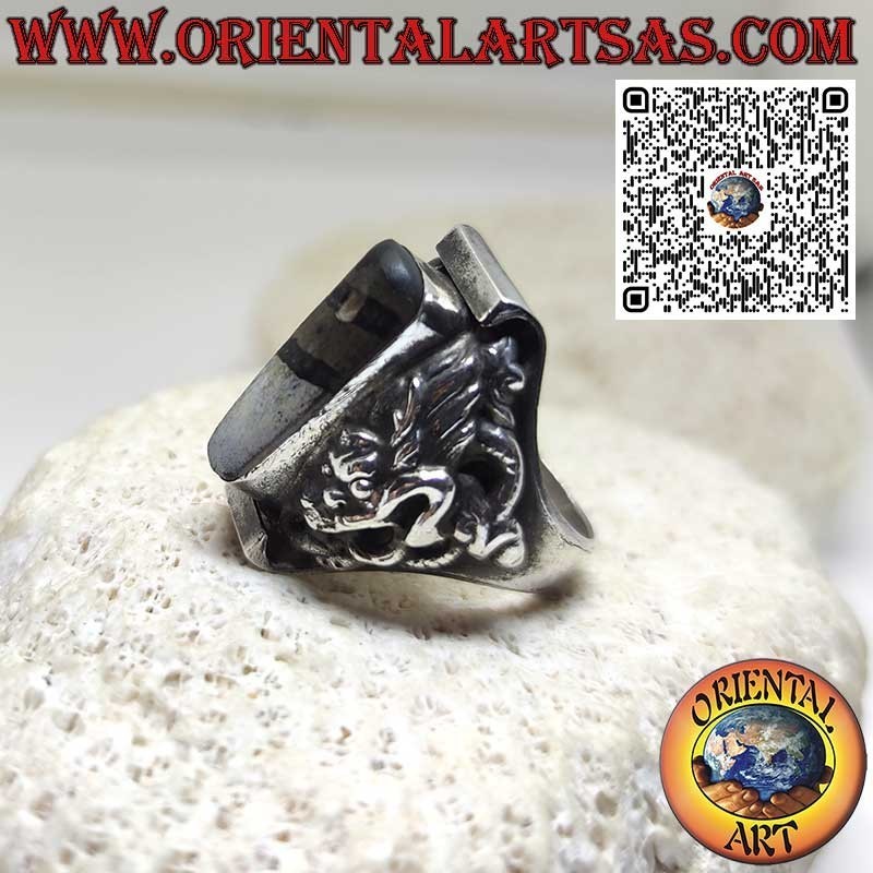 Anillo Dzi tibetano antiguo de plata de 900 con dragón grabado en los laterales
