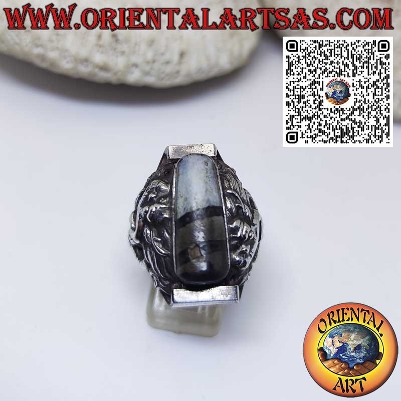 Anillo Dzi tibetano antiguo de plata de 900 con dragón grabado en los laterales