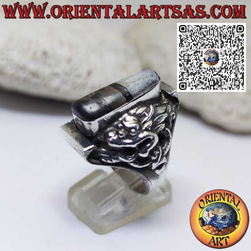 Anillo Dzi tibetano antiguo de plata de 900 con dragón grabado en los laterales