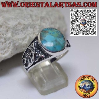 Anillo de plata con turquesa natural de Arizona ovalada y decoración floral (22)