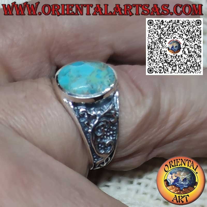 Bague en argent avec turquoise naturelle ovale d'Arizona et décor floral (22)