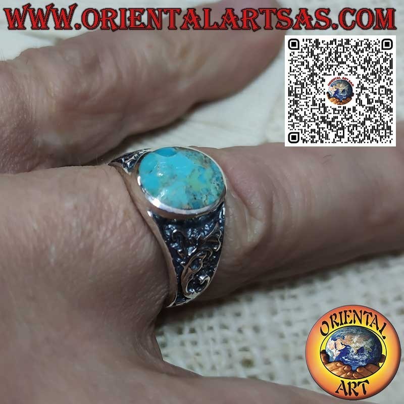 Silver ring with oval natural Arizona turquoise and floral decoration (22)