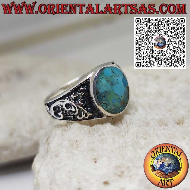 Silver ring with oval natural Arizona turquoise and floral decoration (22)