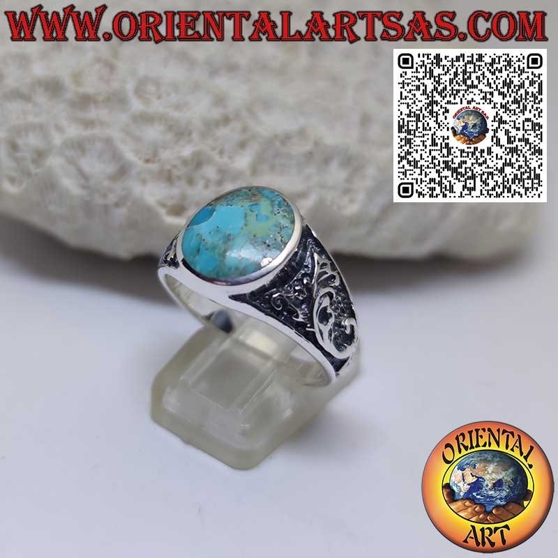 Anello in argento con turchese naturale dell'Arizona ovale e decoro floreale (22)
