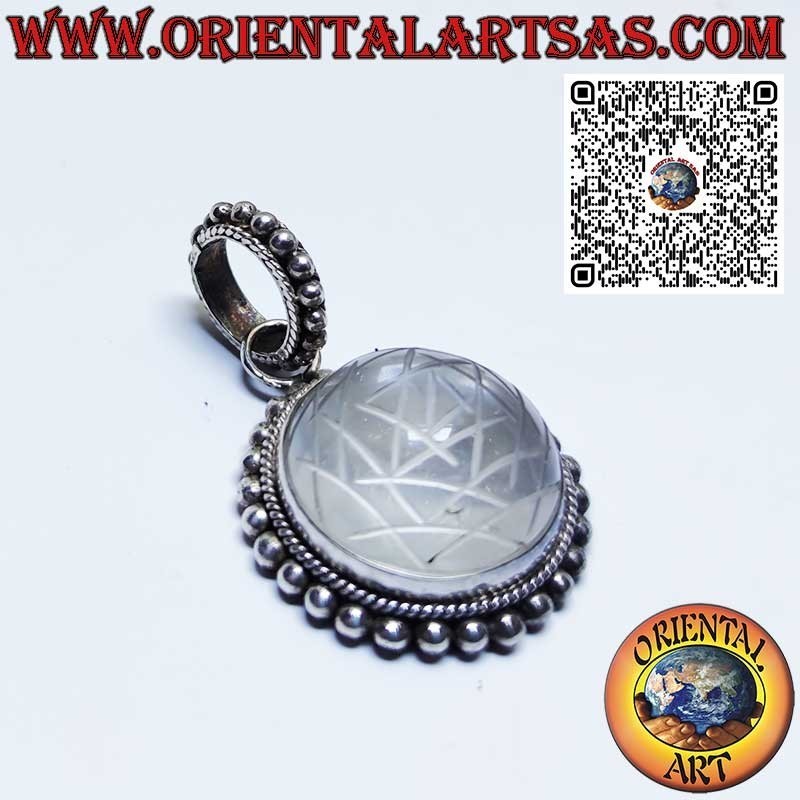 Silberanhänger mit Sri Yantra auf Bergkristall eingraviert 20mm.Ø