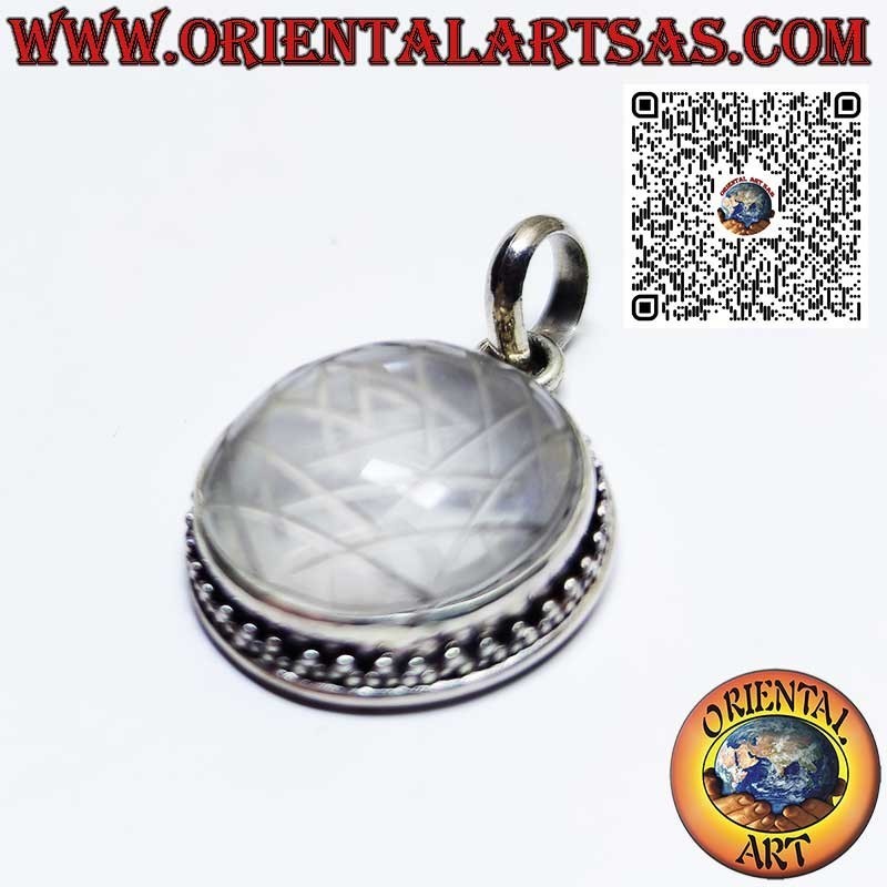Silberanhänger mit Sri Yantra auf Bergkristall eingraviert 18mm.Ø