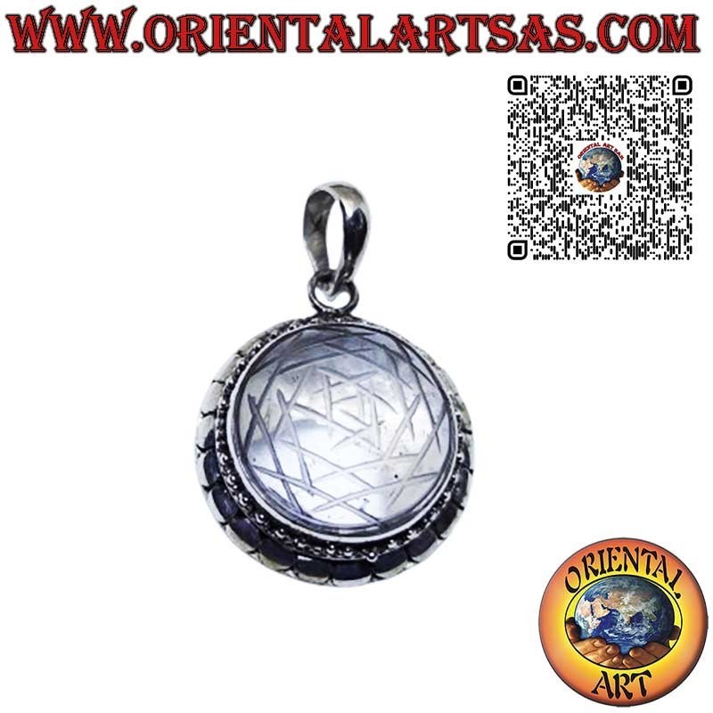 Silver pendant, Sri Yantra engraved in rock crystal with studded edge