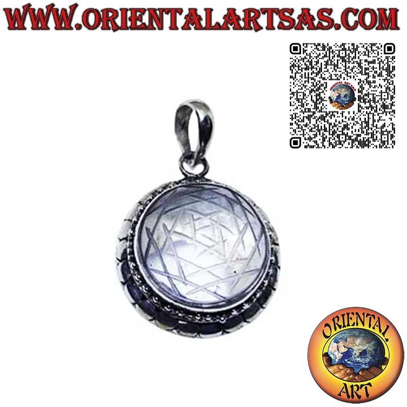 Silver pendant, Sri Yantra engraved in rock crystal with studded edge