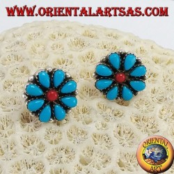 Silver lobed earrings, petal in turquoise and central coral petals