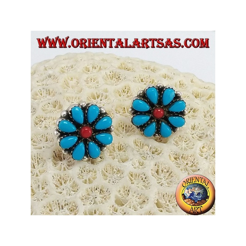 pendientes de plata de lóbulos, pétalos de la margarita en turquesa y coral central
