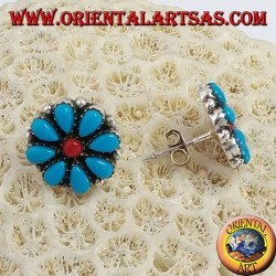 Silver lobed earrings, petal in turquoise and central coral petals