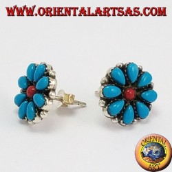 Silver lobed earrings, petal in turquoise and central coral petals