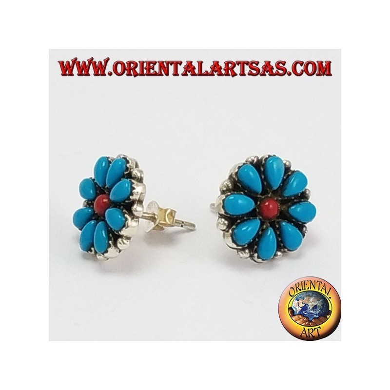 Silver lobed earrings, petal in turquoise and central coral petals