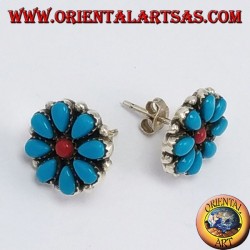 Boucles d'oreilles argent lobe, pétales de marguerite en turquoise et le corail central