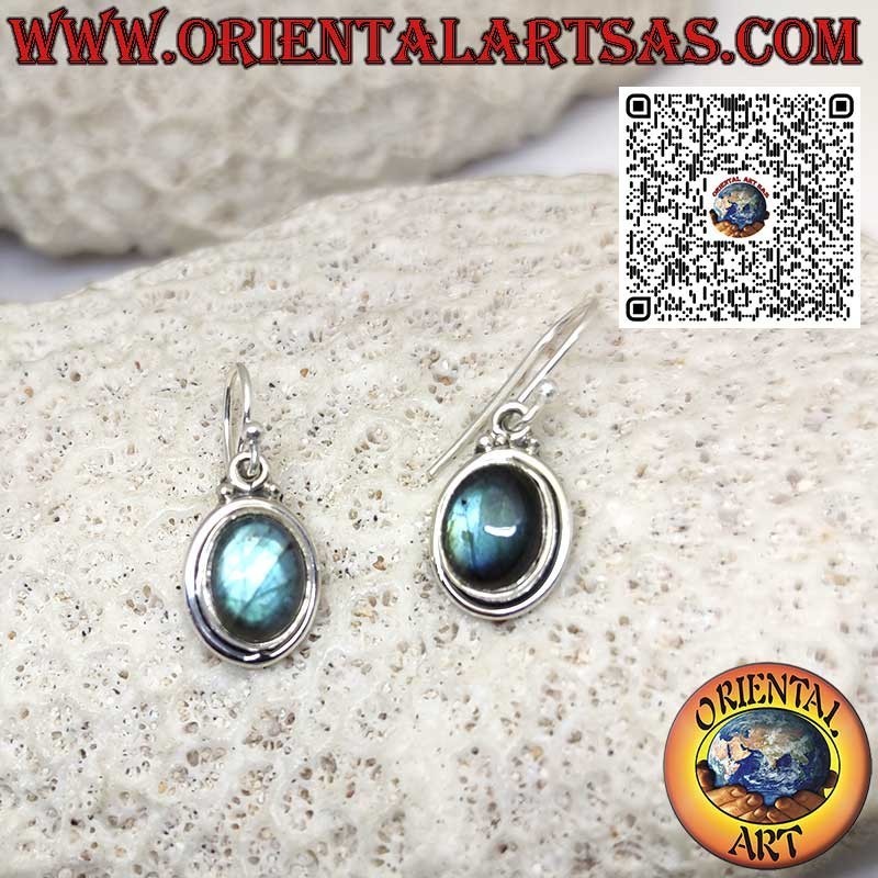 Boucles d'oreilles en argent avec labradorite ovale naturelle, bord annulaire