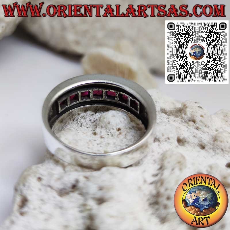 Rhodium-plated silver band ring with a row of square garnets
