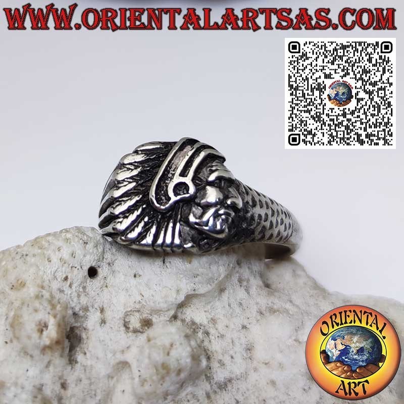 Bague en argent avec tête d'Amérindien de profil