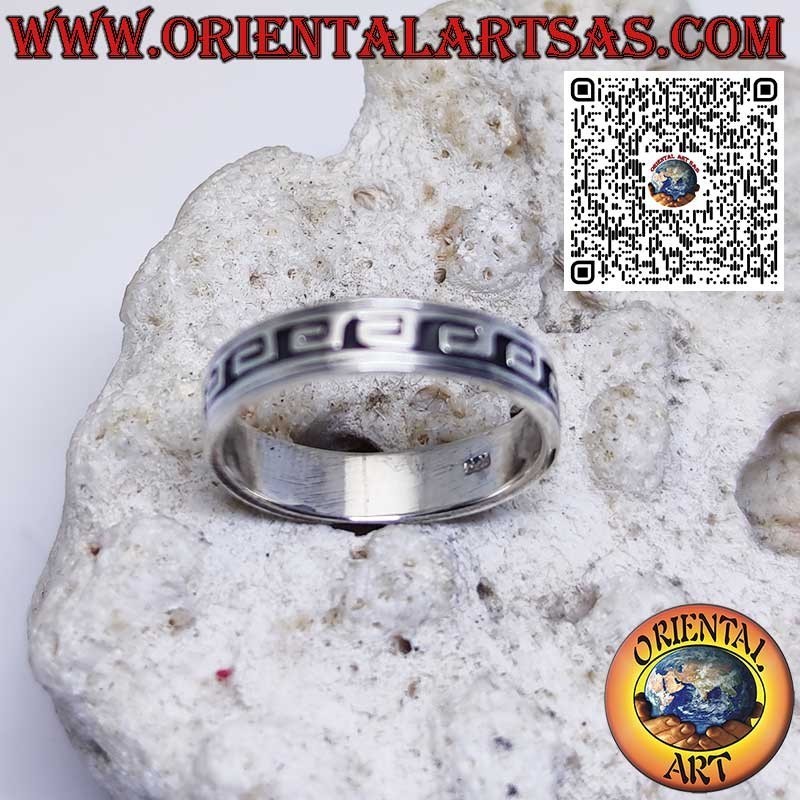 Silver band ring, with 5 mm low relief carved Greek