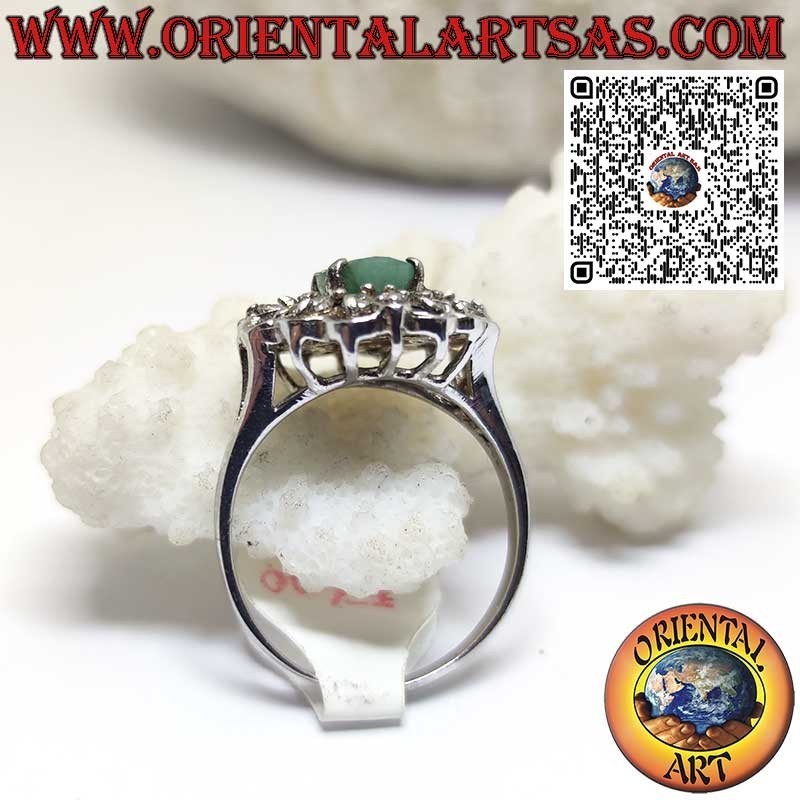Sterling Silver 925 Natural Oval Emerald Zirconia Halo Ring