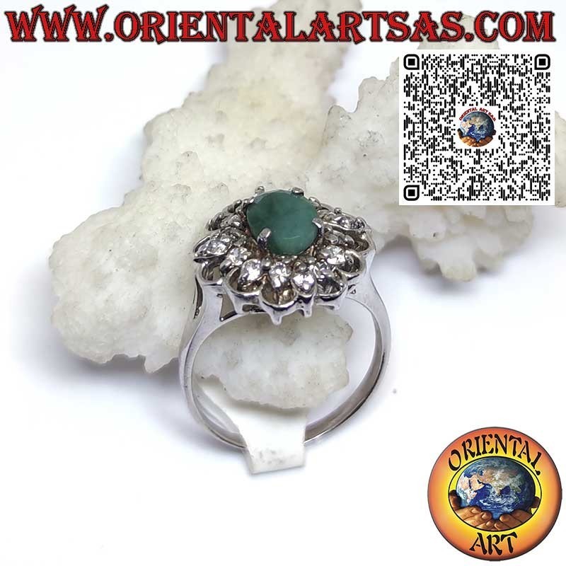Anello Argento 925 Smeraldo Ovale Naturale Contorno Zirconi