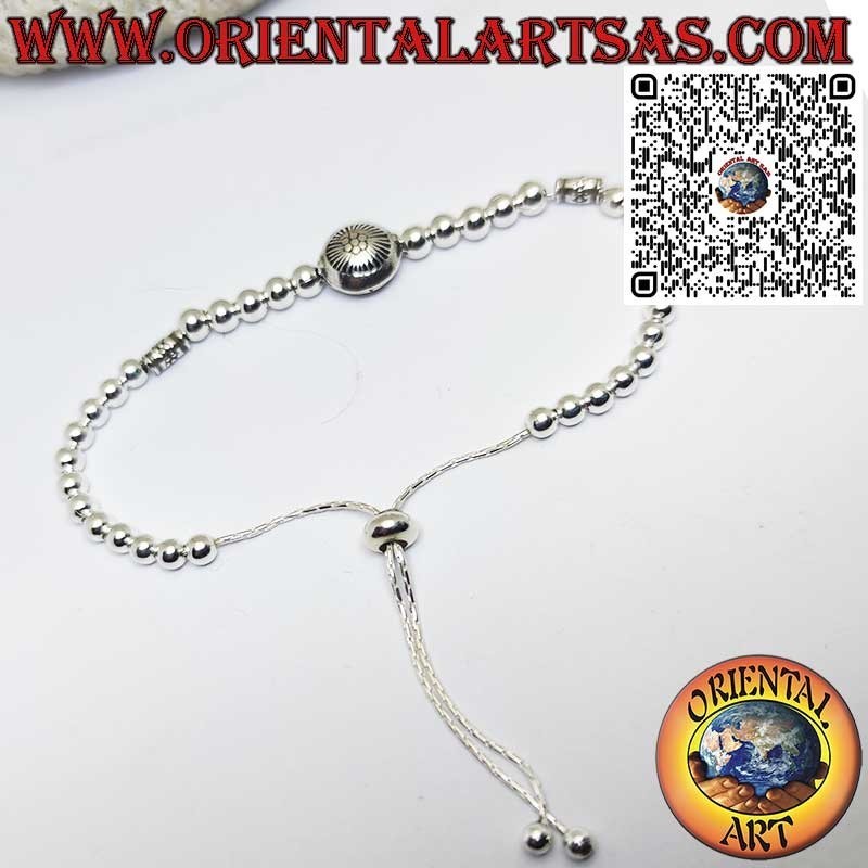 Silver bracelet with spheres and central sun with sliding ball closure