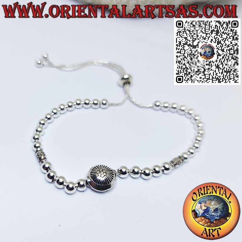 Bracciale in argento di sfere e sole centrale con chiusura pallina scorrevole